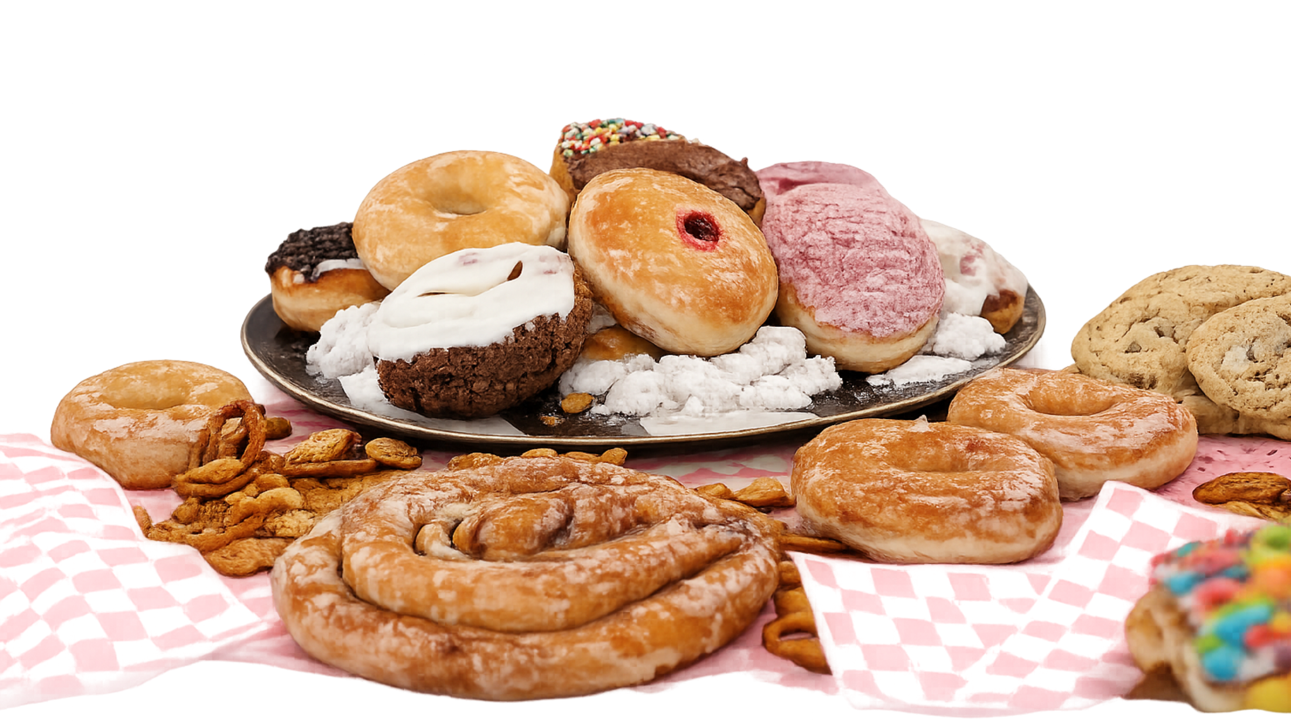 A spread of JoJo's bakery favorites with donuts, rolls, cookies, and pastries